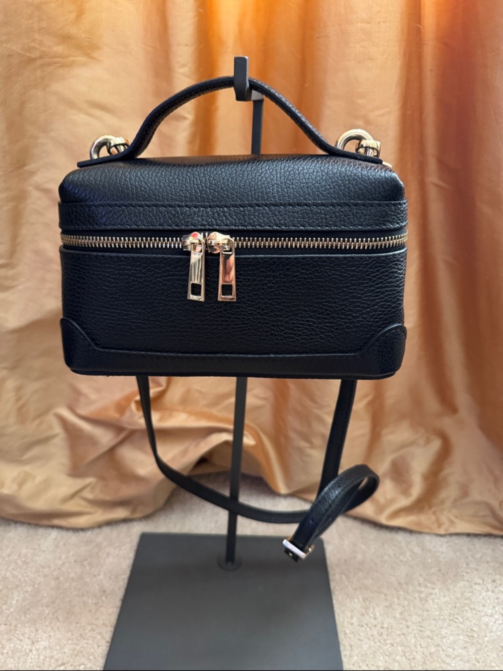 Black Pebbled Leather Mini Top-Handle Crossbody Bag